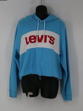 Levis Hoodie Womens Large Blue Pullover Crop Sweatshirt Retro Classic Skater